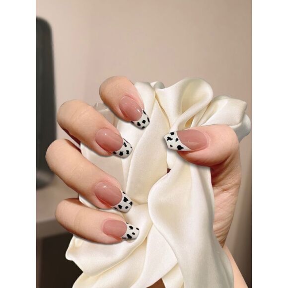 24 pcs Coffin Dalmatian French Acrylic Press On Nail Set Reusable - Picture 1 of 8